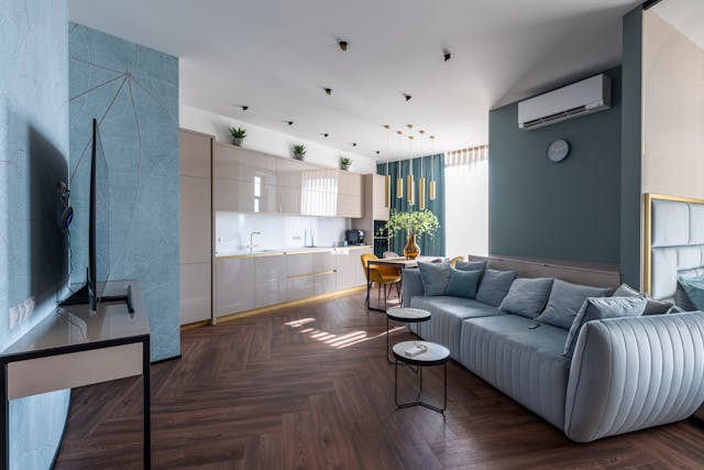 living room with blue accents