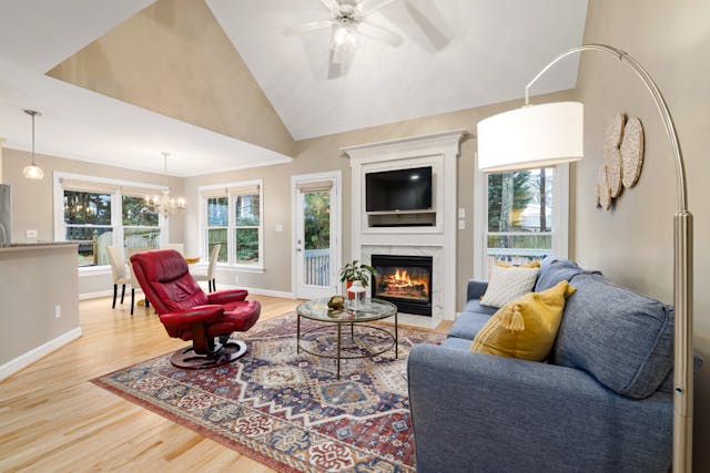 living room with blue couch