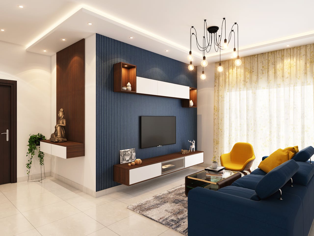 living room with blue feature wall blue couch and light floor